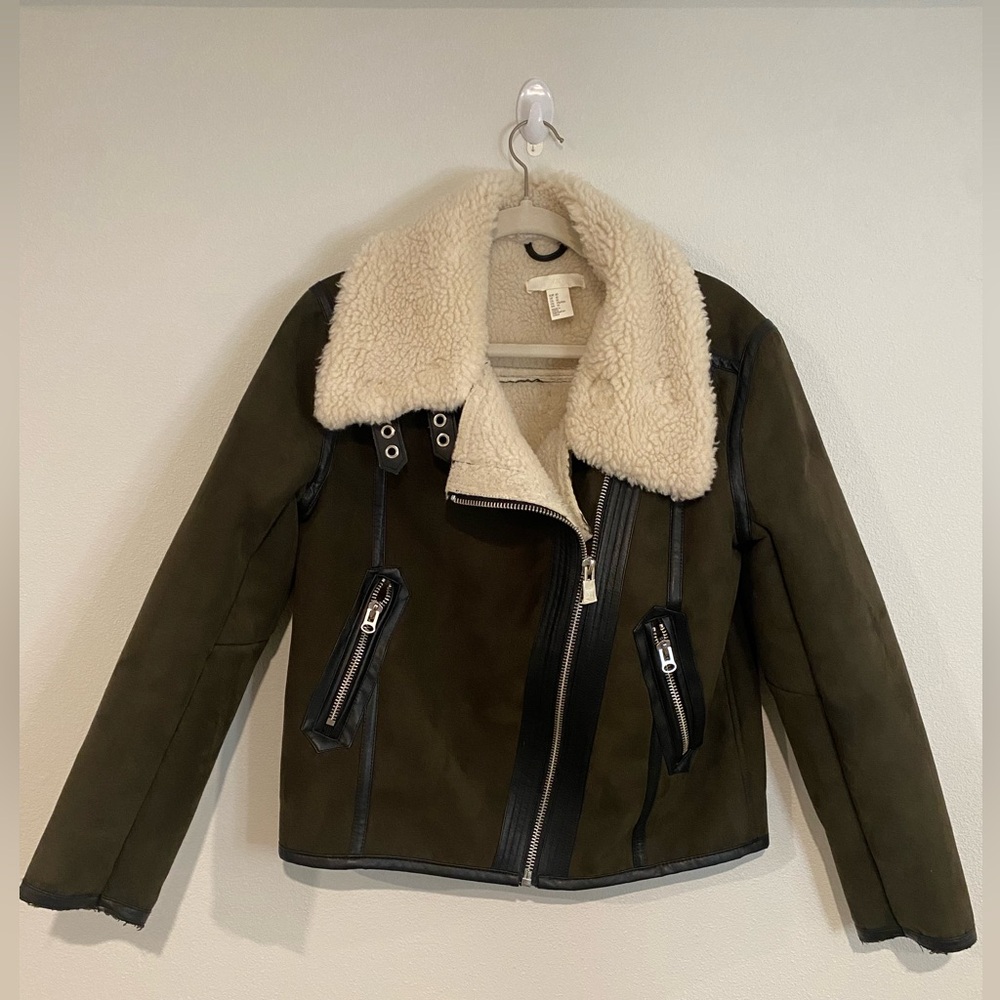 H&M Khaki green Motto/Biker‎ Jacket Size 10